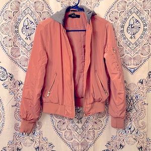Forever 21 cropped silk bomber jacket in peach